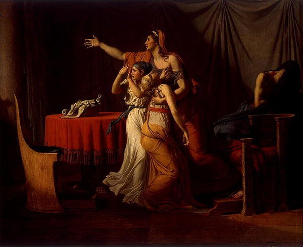 Lictors kantamassa Brutukselle hänen poikiensa ruumiita, 1789 tekijältä Jacques Louis David