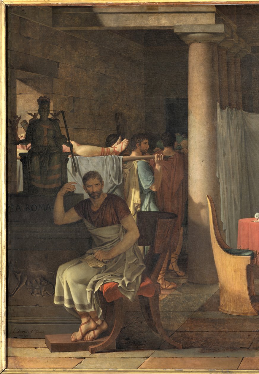 Lictors kantamassa Brutukselle hänen poikiensa ruumiita, 1789 tekijältä Jacques Louis David