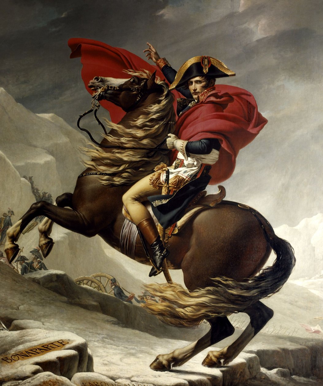 Napoleon Bonaparte ylittää Alpit Grand Saint-Bernardin varrella... tekijältä Jacques Louis David