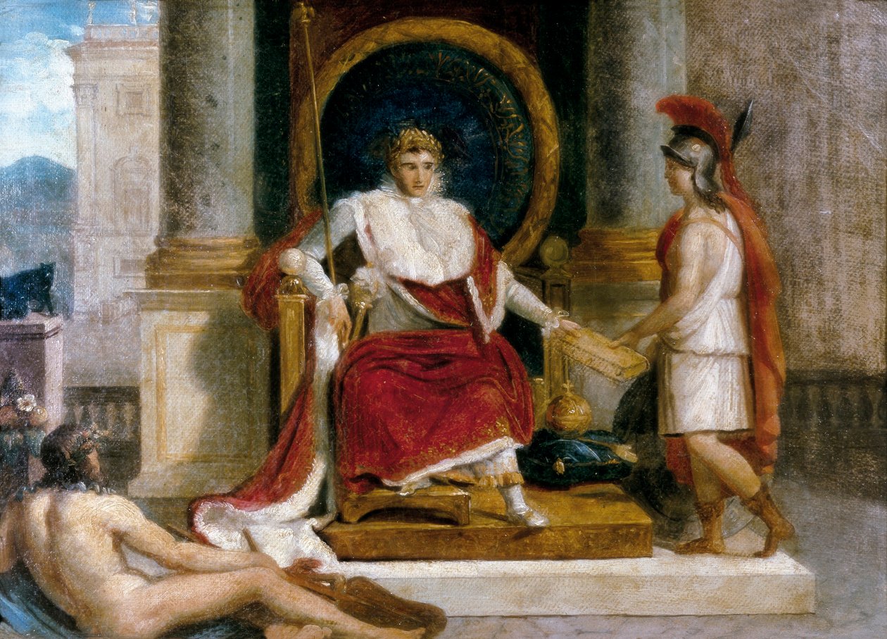 Napoleon I Bonaparte, Ranskan keisari (1769-1821) esitteli Roomassa vuonna 1806 lakikokoelman (maalaus) tekijältä Jacques Louis David