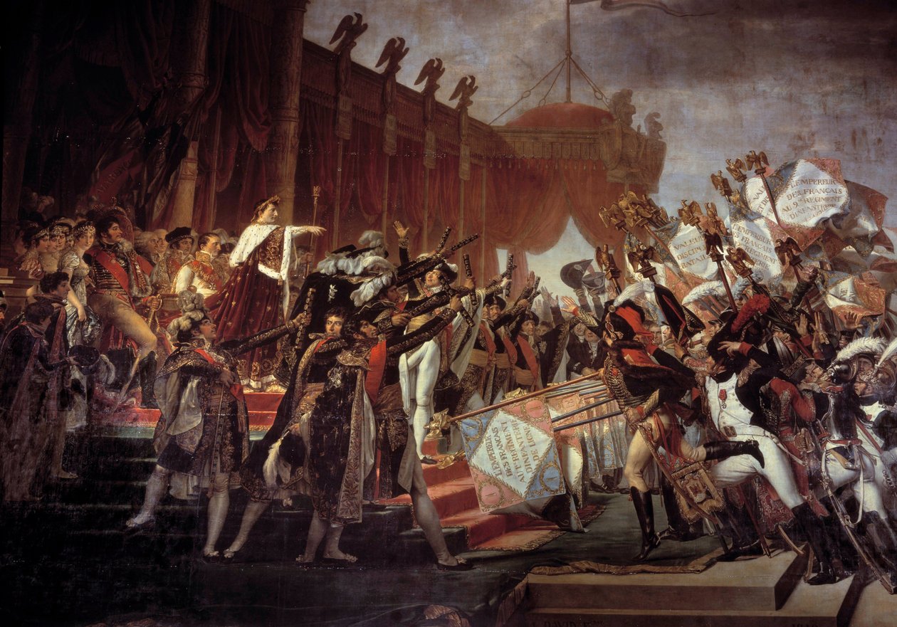 Armeen vala, joka annettu keisari Napoleon I:lle (1769-1821) kotkien jakamisen jälkeen Champ de Marsilla, 12.5.1804 Yksityiskohta. Jacques Louis Davidin (1748-1825) maalaus 1800-luvun aurinko. 6,1x9,3 m. tekijältä Jacques Louis David