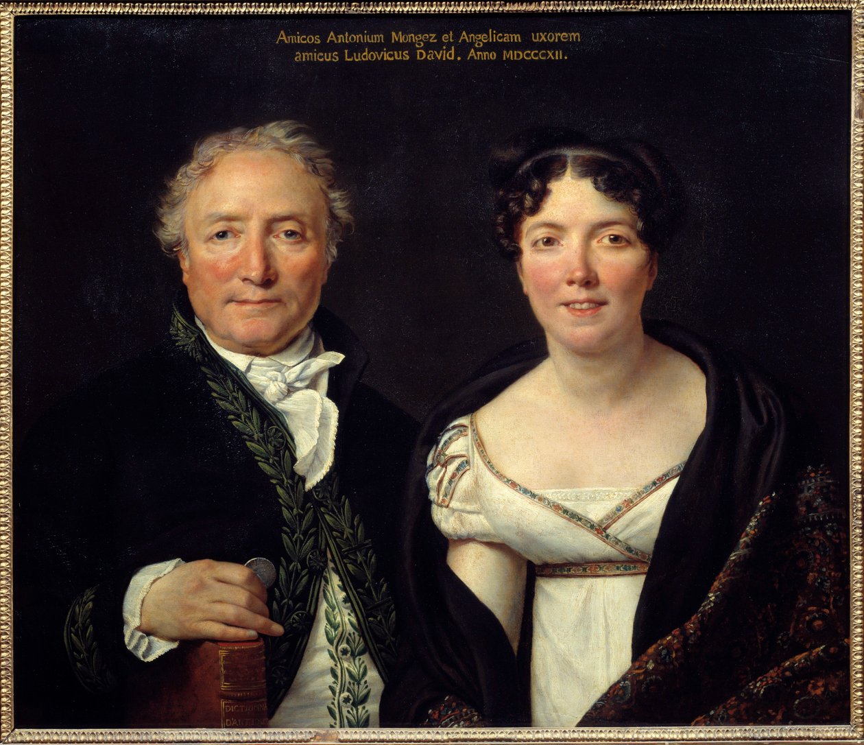 Antoine Mongezin (1747-1835) arkeologin ja hänen vaimonsa Angeliquen (1775-1855) muotokuva, taidemaalari Antoine Mongez poseeraa akateemikkoasussa ja pitää palaa kädessään muistellakseen rooliaan kolikoiden ylläpitäjänä. Jacques Louis Davidin maalaus (1748 tekijältä Jacques Louis David