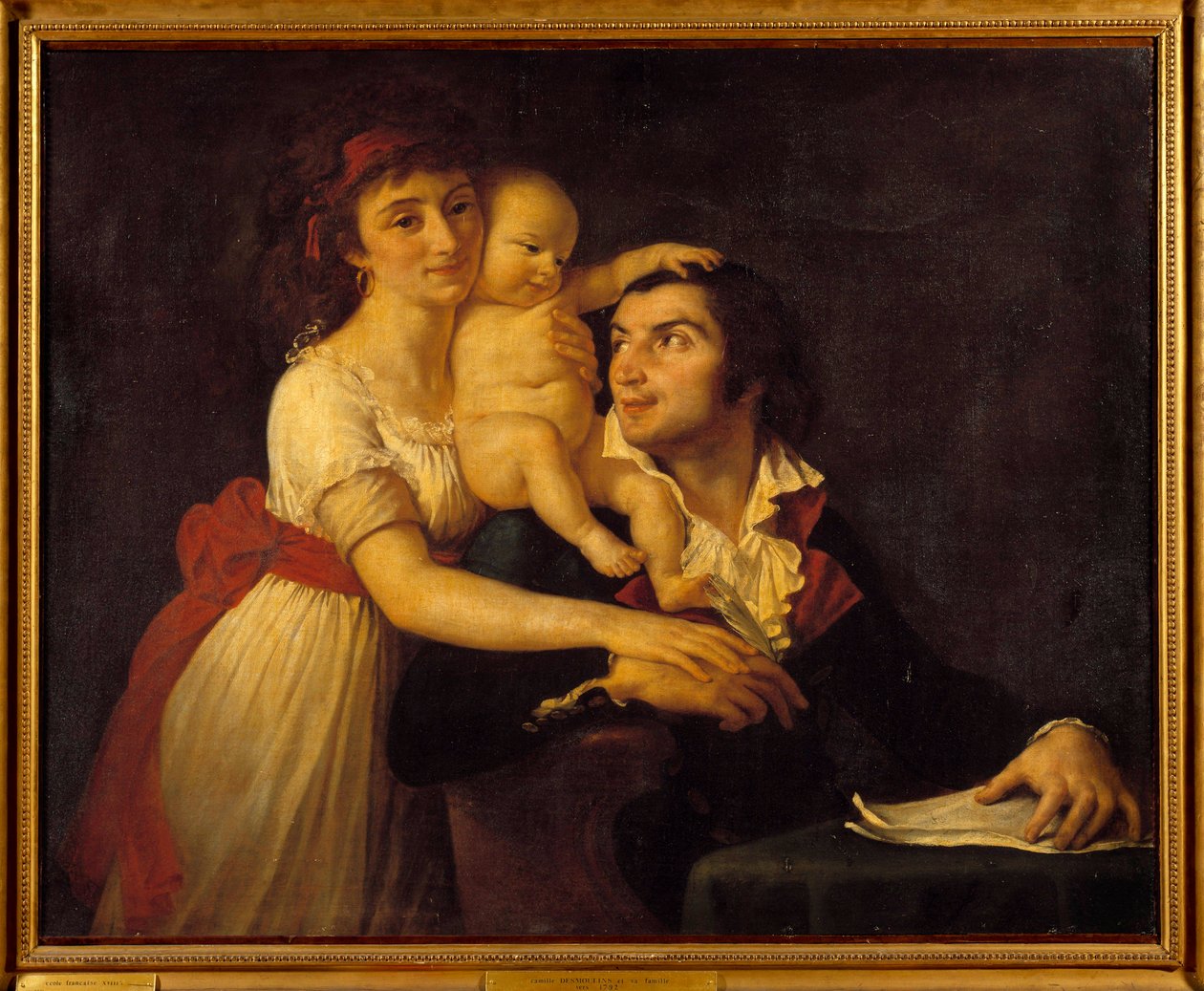 Camille Desmoulinsin (1760-1794), hänen vaimonsa Lucilen (1771-1794) ja heidän poikansa Horace Camillen (1792-1825) muotokuva Jacques Louis Davidin (1748-1825) maalaus 1700-luvun su. 1x1,23 m. Versailles, Chateau Museum tekijältä Jacques Louis David
