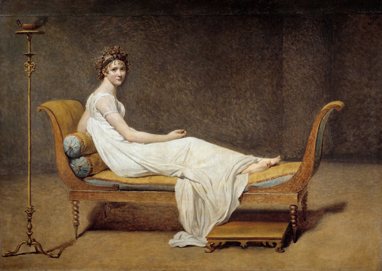 Madame Recamierin (1777 - 1849) muotokuva, Jeanne Francoise nimeltä Juliette - Jacques Louis Davidin (1748-1825) maalaus tekijältä Jacques Louis David
