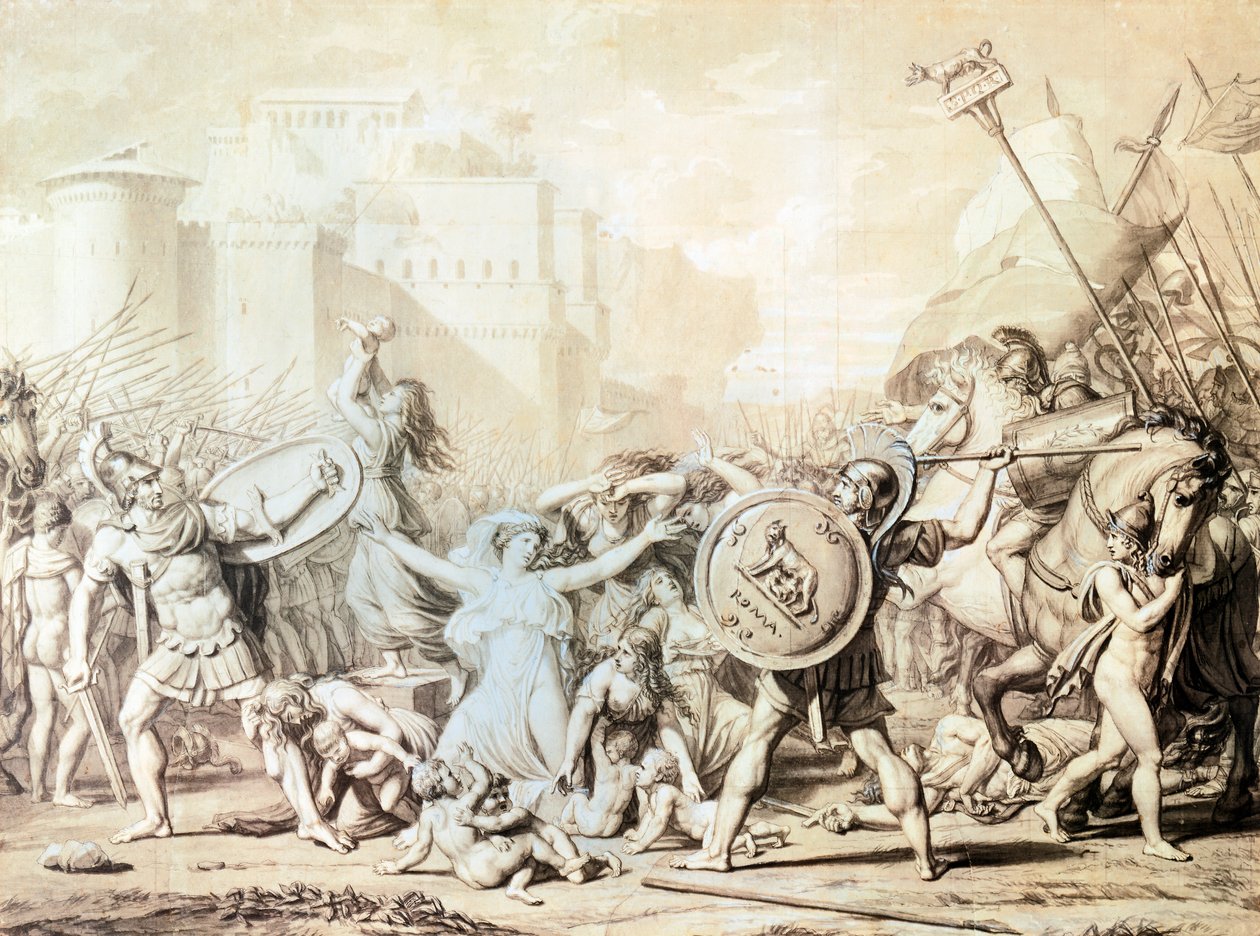 Tutkimus sabiininaisten raiskauksesta (kynä, muste, akvarelli ja lyijykynäpiirros) tekijältä Jacques Louis David