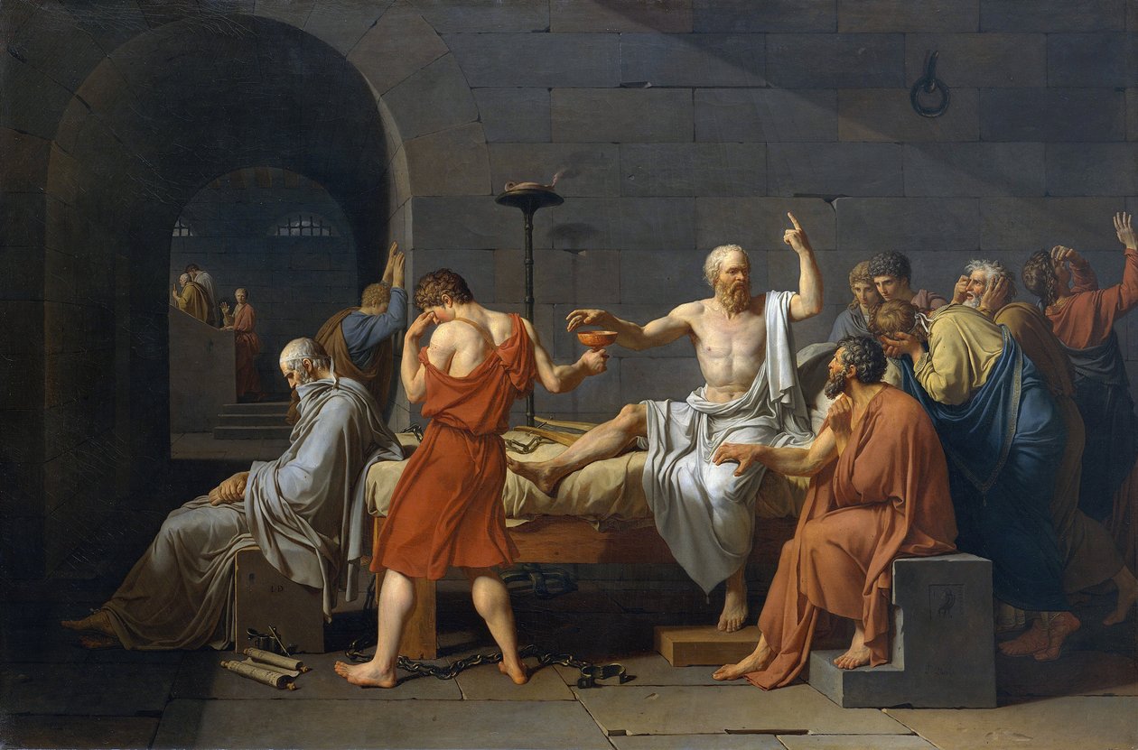 Sokraten itsemurha, antiikin kreikkalainen filosofi (5. siecle av. JC) joutui juomaan cigue, kun häntä syytettiin jumalattomuudesta ja nuorten korruptiosta tekijältä Jacques Louis David