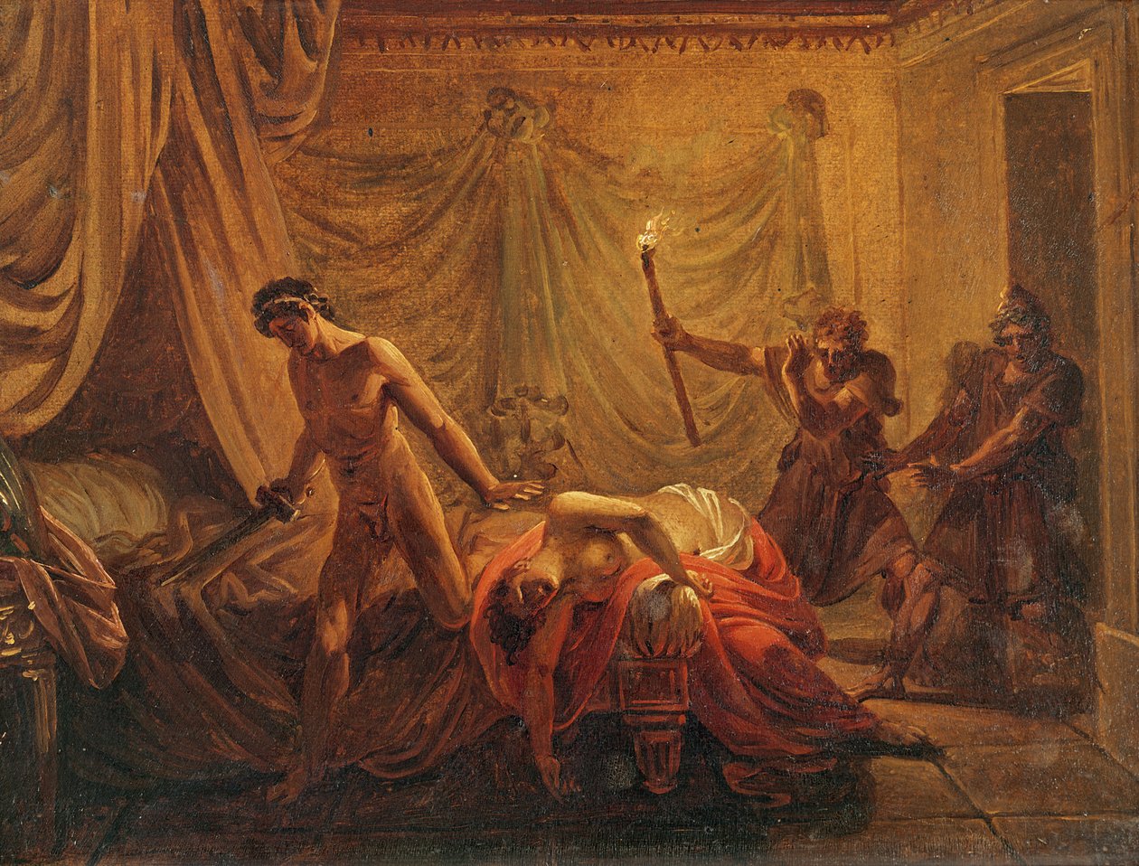 The Death of Cleonicen (öljy kankaalle kiinnitetty puulle) tekijältä Jacques Louis David