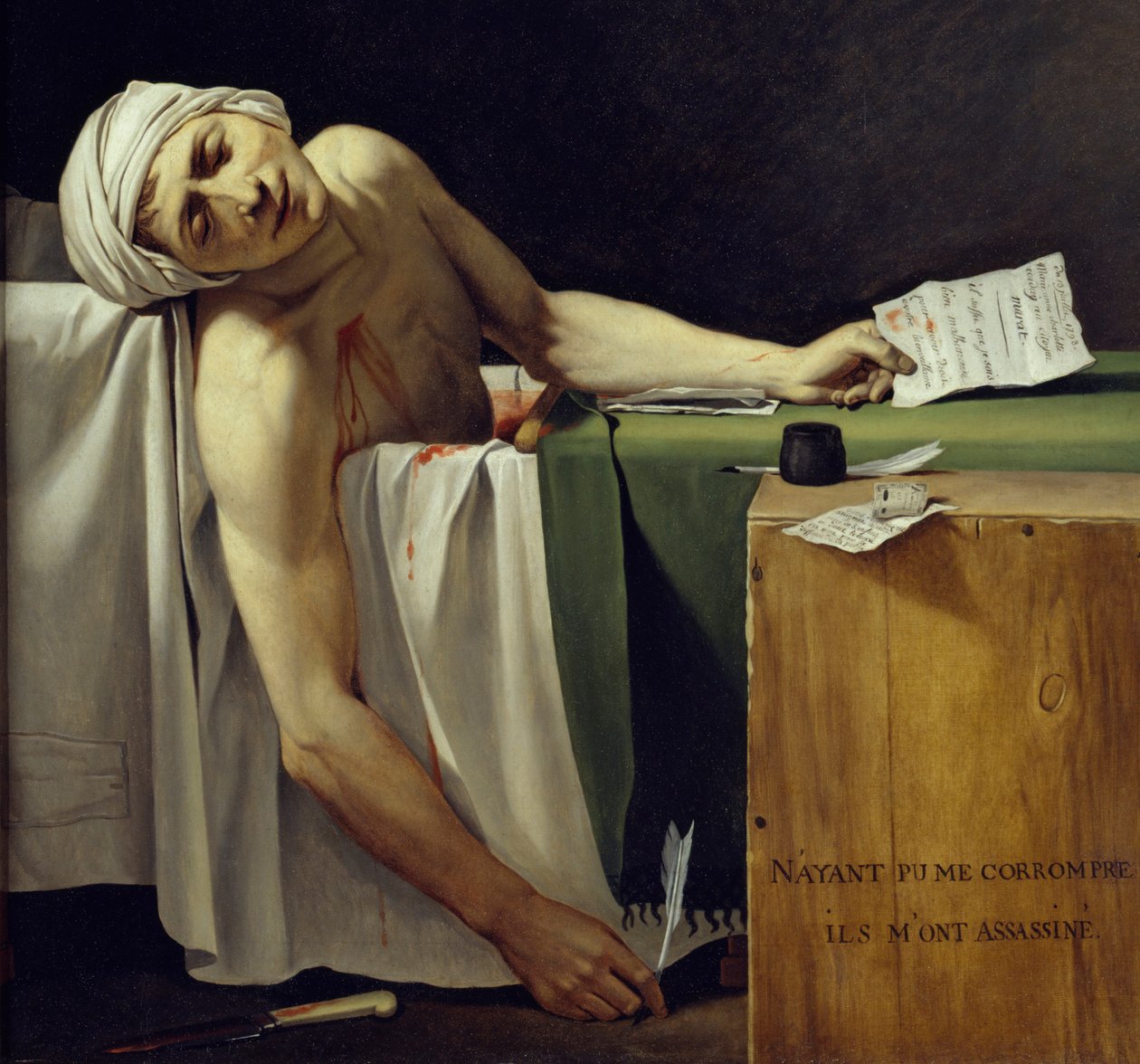 Maratin kuolema (John Paul Marat (1743-1793) murhattu). Yksityiskohta. Jacques Louis Davidin (1748-1825) maalaus. 1793 Su. 1,62 x 1,3 m. Louvre-museo Pariisissa tekijältä Jacques Louis David