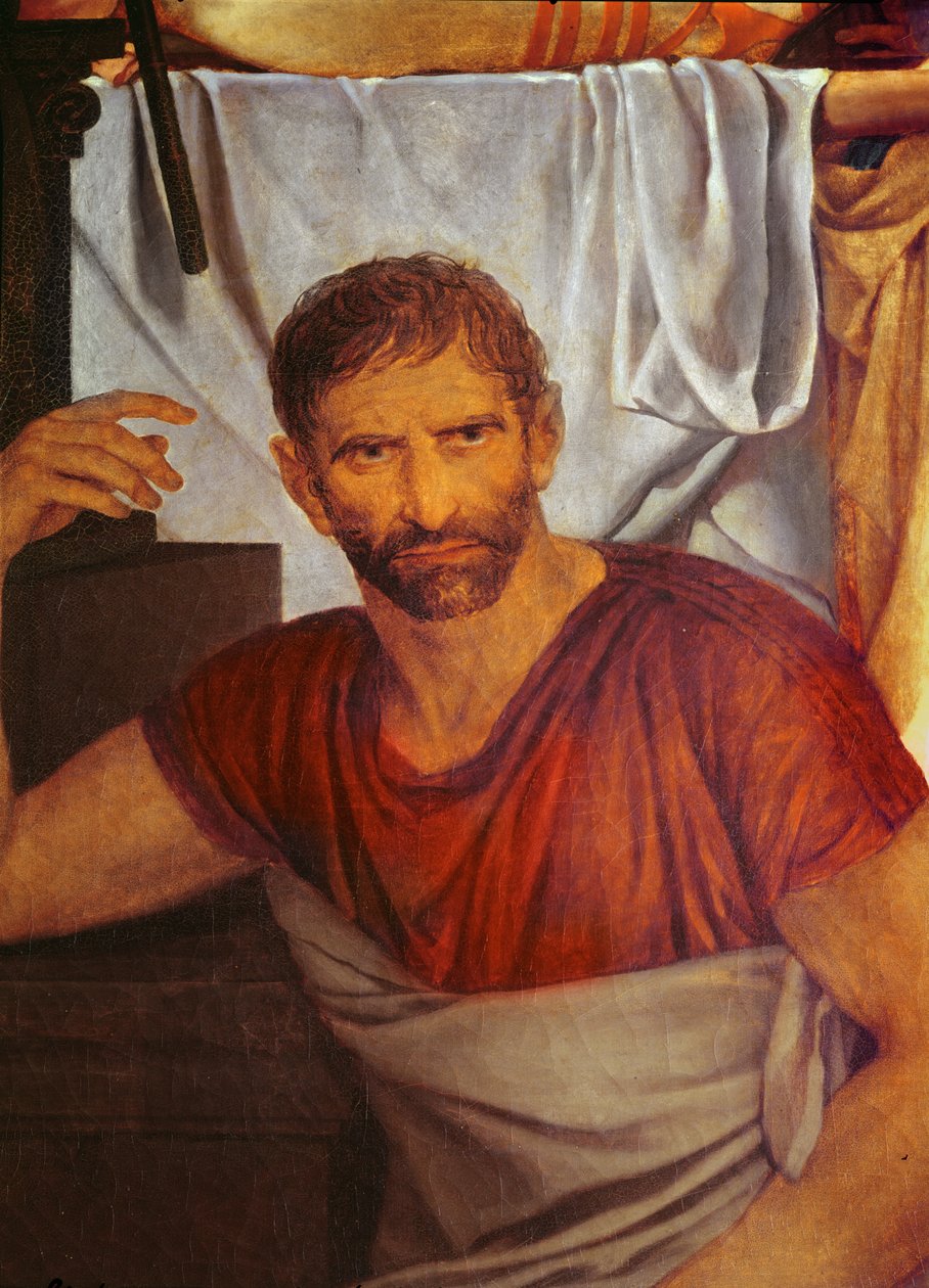 Lictorit tuovat Brutukselle Hänen poikiensa ruumiit Brutussin kasvojen yksityiskohdat, 1789 öljy kankaalle tekijältä Jacques Louis David