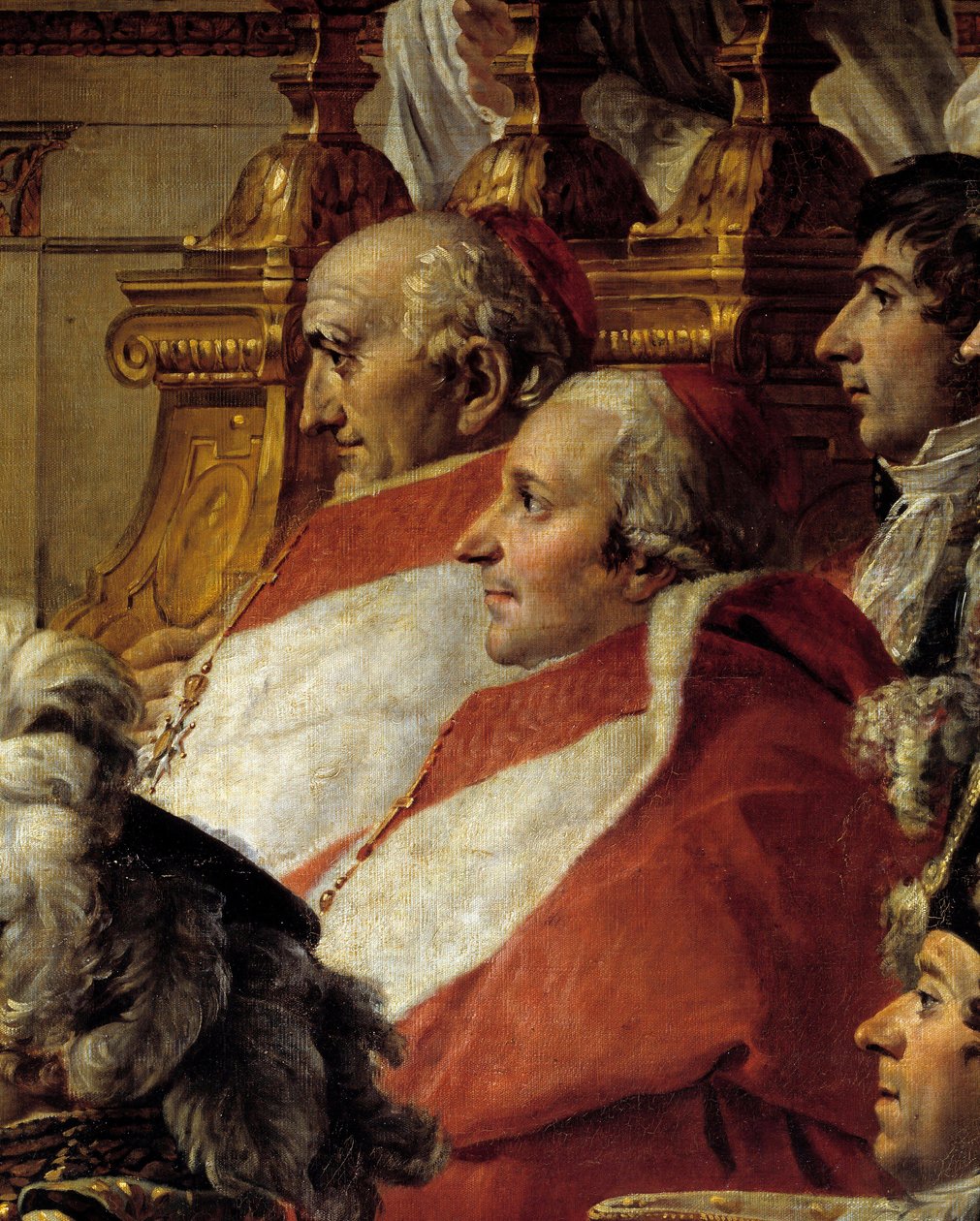 Napoleonin riitti. Yksityiskohta, joka kuvaa kardinaaleja ja Jean Baptiste Jules Bernadottea (1763-1844) keisari Napoleon I Bonaparten pyhyyden ja Imperatrice Josephinen kruunauksen aikana Notre-Dame de Parisissa 2. joulukuuta tekijältä Jacques Louis David