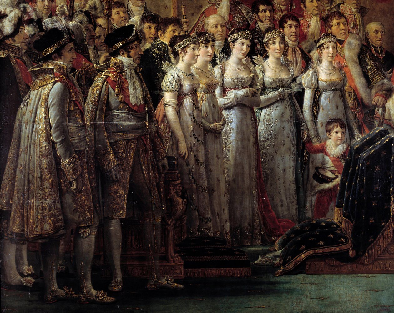 Napoleonin riitti. Yksityiskohta, joka kuvaa keisarin veljiä ja sisaria keisari Napoleon I Bonaparten pyhän ja Imperatrice Josephinen kruunauksen aikana Notre-Dame de Parisissa 2. joulukuuta tekijältä Jacques Louis David