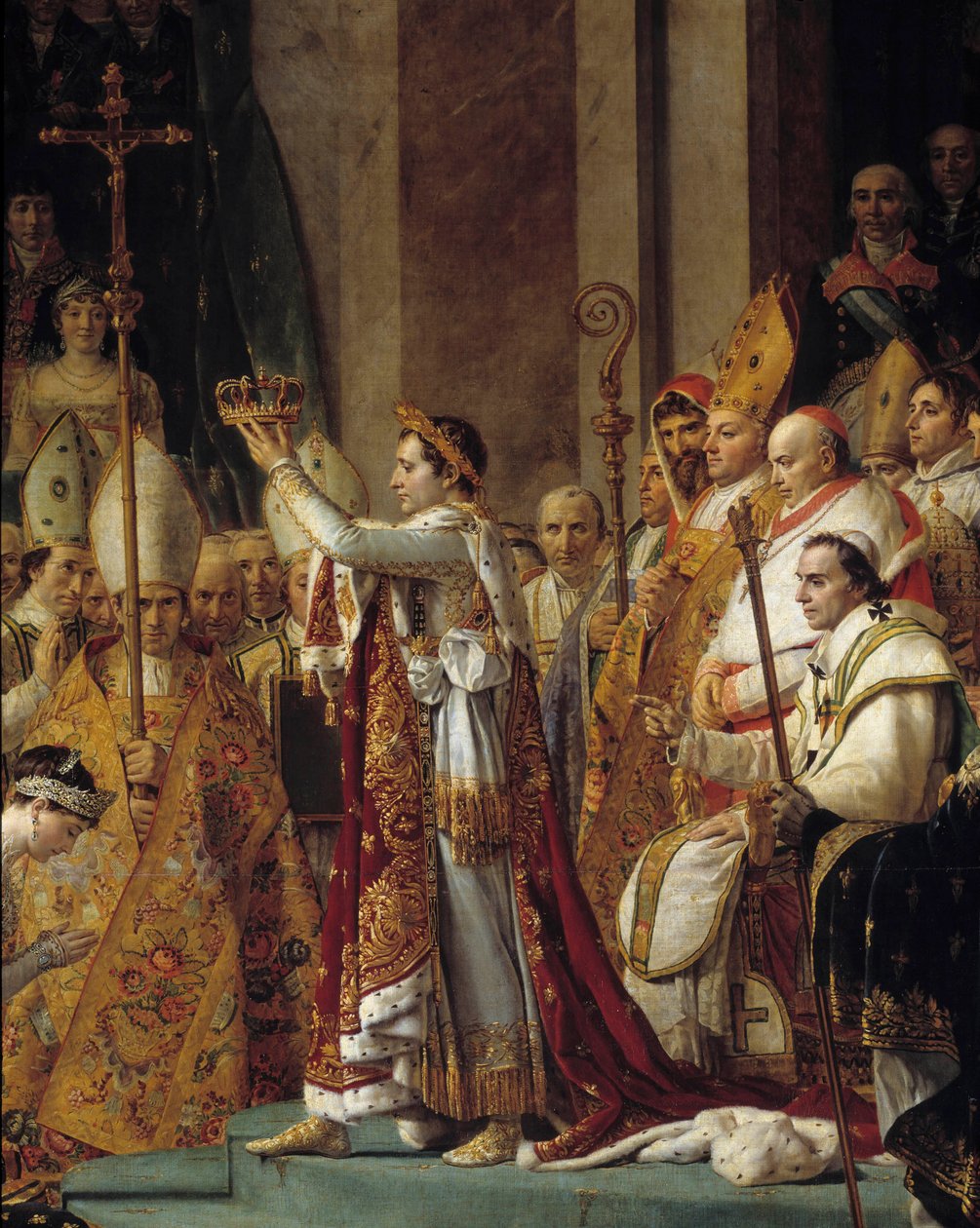 Napoleonin riitti. Yksityiskohta Napoleonista kruunussa keisari Napoleon I Bonaparten pyhän ja Imperatrice Josephinen kruunauksen aikana Notre-Dame de Parisissa 2. joulukuuta tekijältä Jacques Louis David