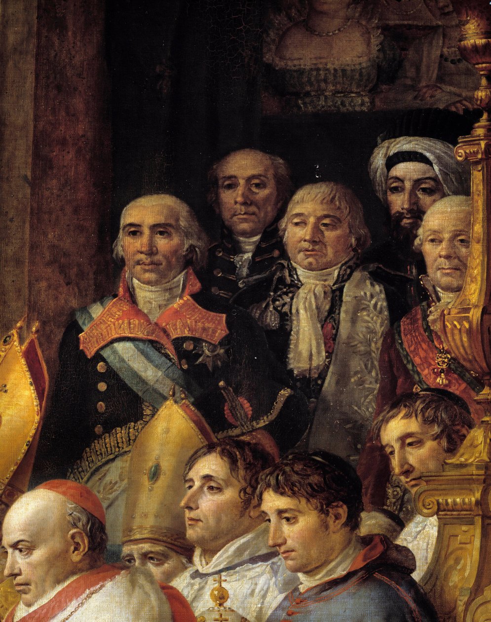 Napoleonin riitti. Yksityiskohta suurlähettiläistä (Admiral de Gravina (Espanjan suurlähettiläs, kuoli 1805), kenraali Armstrong (Yhdysvaltojen suurlähettiläs), Monsieur de Marescalchi (Italian tasavallan ministeri), Mohamed sanoi - halet effendi (suurlähe tekijältä Jacques Louis David