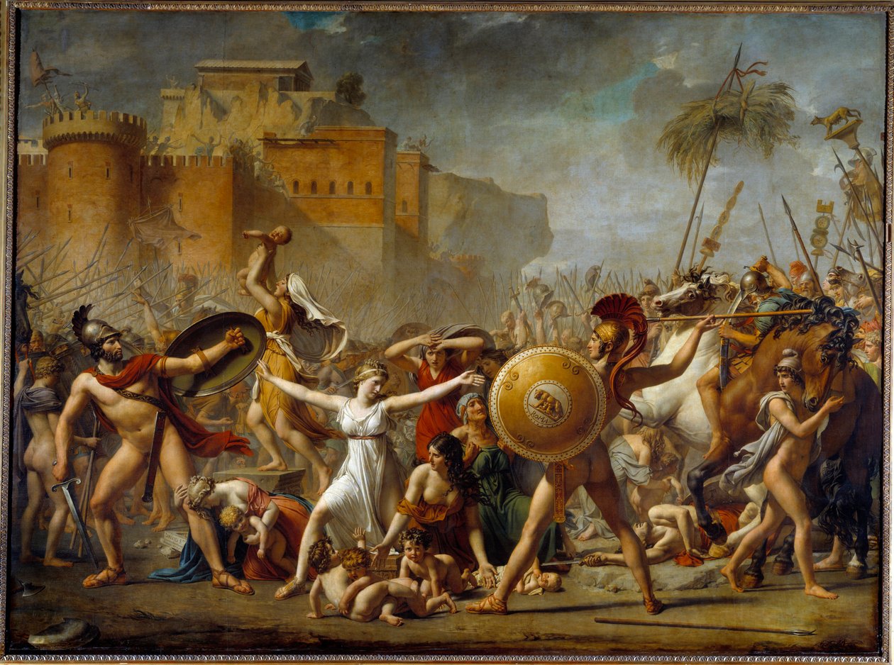 Sabiinit seisomassa roomalaisten aviomiestensä (oikealla) ja sabiiniveljensä (vasemmalla) välillä näyttäen heille lapsiaan - Jacques-Louis (Jacques Louis) Davidin (1748-1825) maalaus tekijältä Jacques Louis David