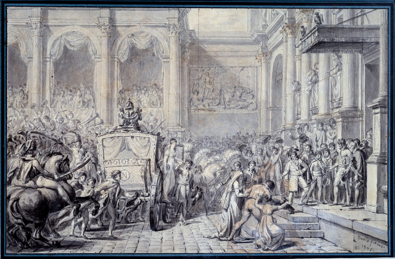 Keisari Napoleon I:n (1769-1821) vaunun saapuminen Hotel de Ville de Parisiin 16.12.1804 hänen hallituksensa johdosta Jacques Louis Davidin (1748-1825) piirustus 1804 Su. 0,26x0,4 m Pariisi, Musee du Louvre tekijältä Jacques Louis David