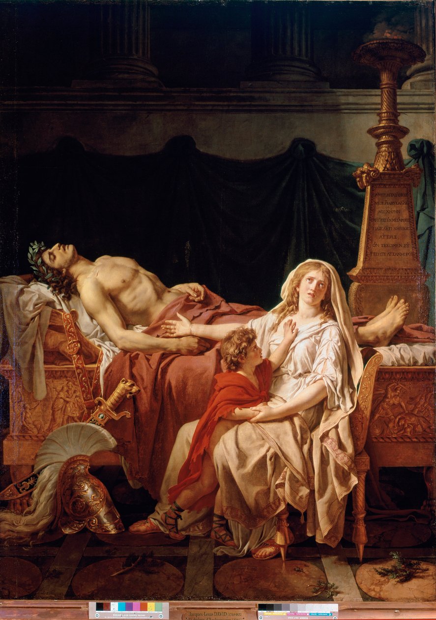 Andromaque Hectorin lesken kipu, jonka Akhilleus tappoi ja jota edustaa hänen miehensä ruumis. Jacques Louis Davidin (1748-1825) maalaus Pariisi, Louvre tekijältä Jacques Louis David