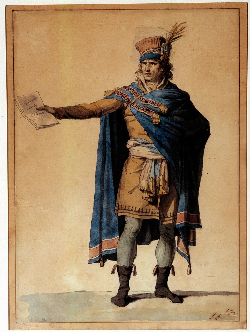 Virassa olevien ihmisten edustaja Hahmo ilmentää oikeuden ja yleisen järjestyksen miestä Ranskan vallankumouksen aikana. Akvarelli Jacques Louis David (1748-1825) 1789 Pariisi, Musee Carnavalet tekijältä Jacques Louis David