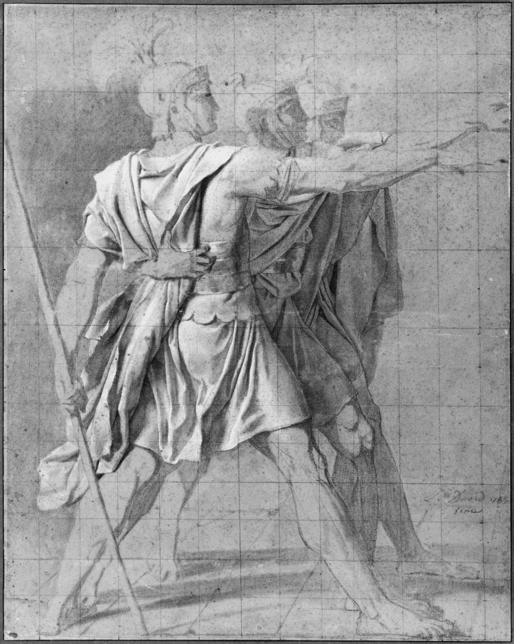 Kolme Horatii-veljestä, opiskelevat "Horatien valaa", 1785 tekijältä Jacques Louis David