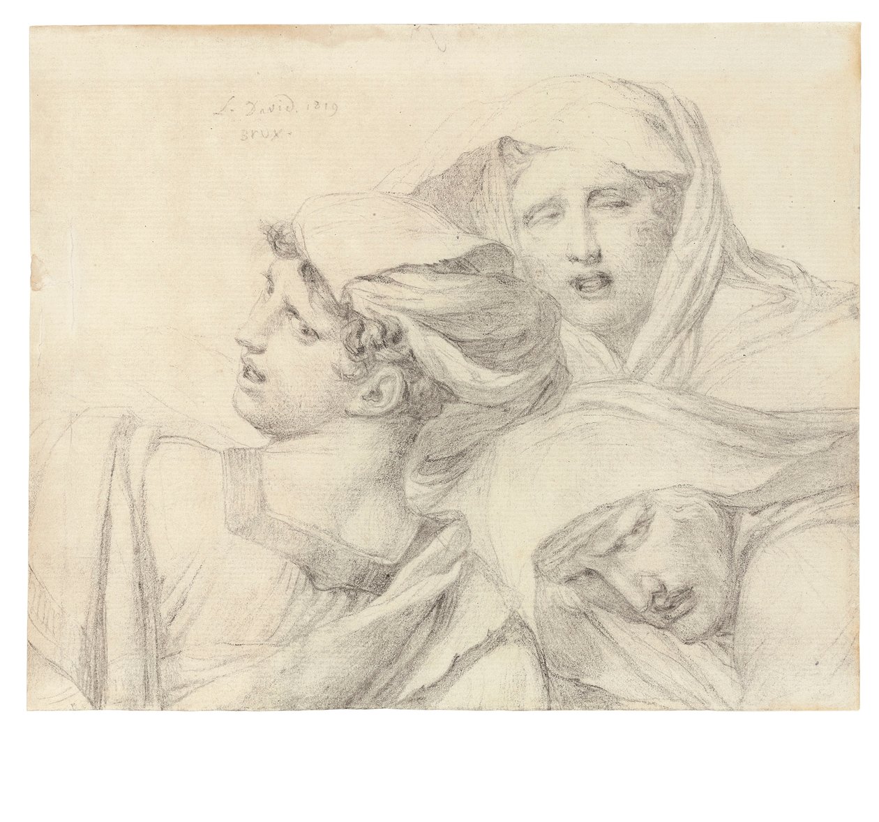 Kolme naista klassisessa mekossa, rinnanpituus, ahdistuneilla ilmeillä, 1819 tekijältä Jacques Louis David