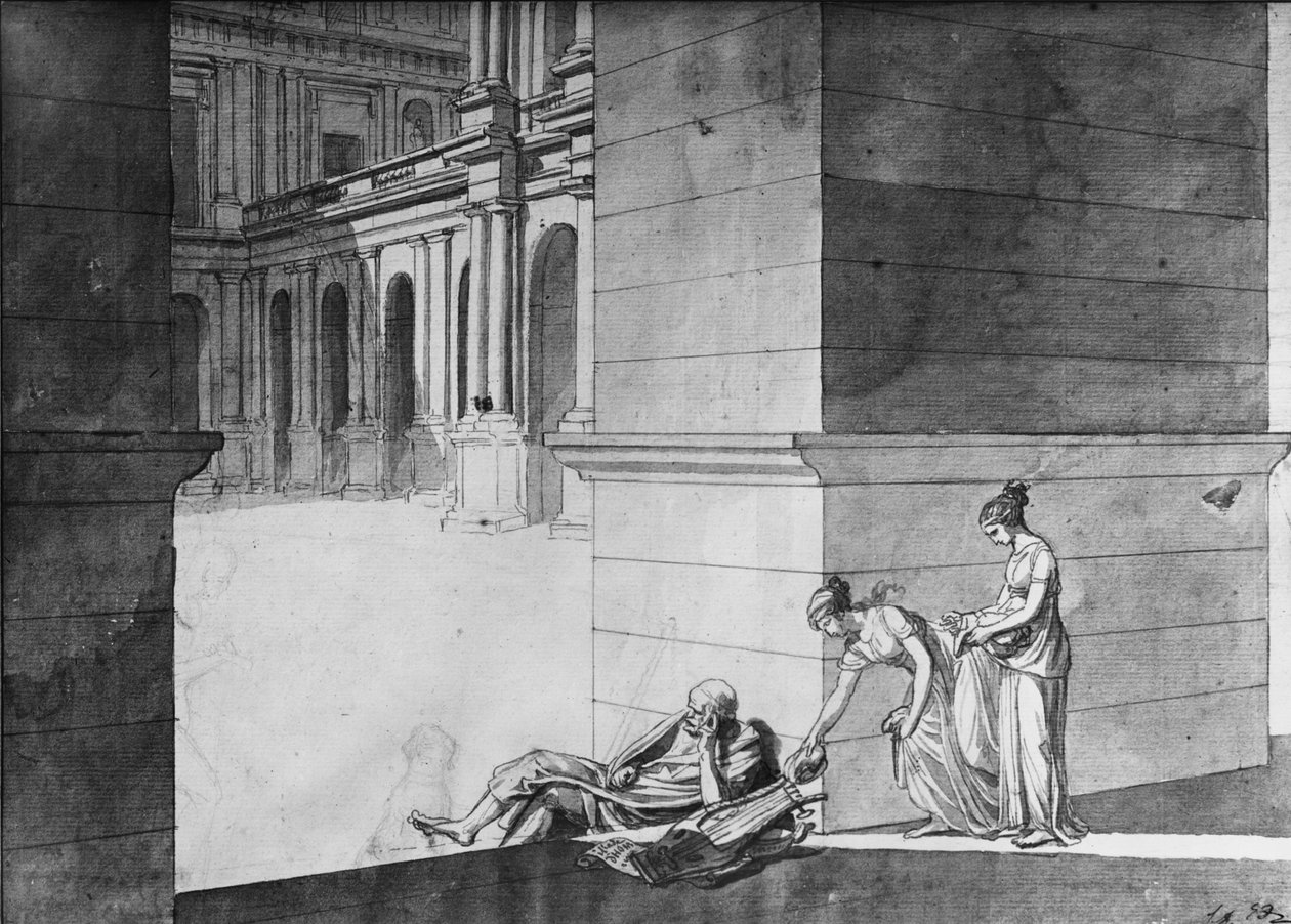 Kaksi nuorta tyttöä tuomassa leipää Homerille unessa, n. 1794 (kynä ja intialainen mustetta paperilla) tekijältä Jacques Louis David