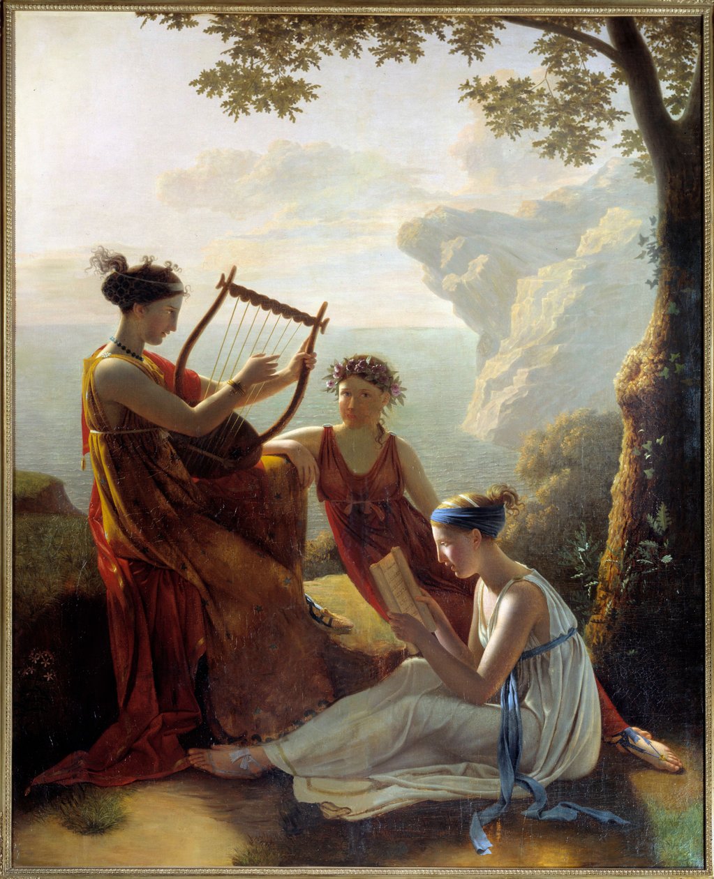 Kreikkalainen runoilija Sapho (Sappho) soittamassa lyyraa ja kaksi hänen toveriaan Jacques Louis Grandinin (1780-?) maalaus 1808 Pariisi, Musee Marmottan tekijältä Jacques Louis Michel Grandin