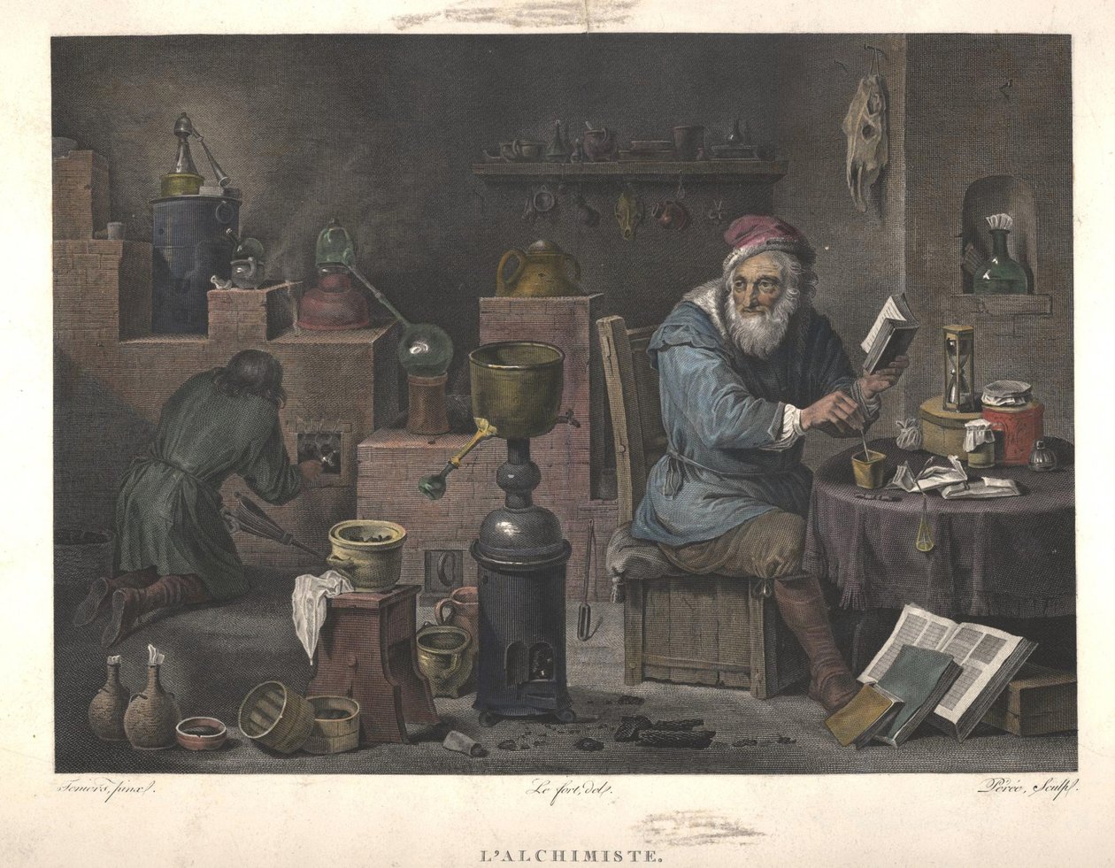 Alkemisti David Teniersin maalauksen jälkeen, 1700-luvun loppu. tekijältä Jacques Louis Perée