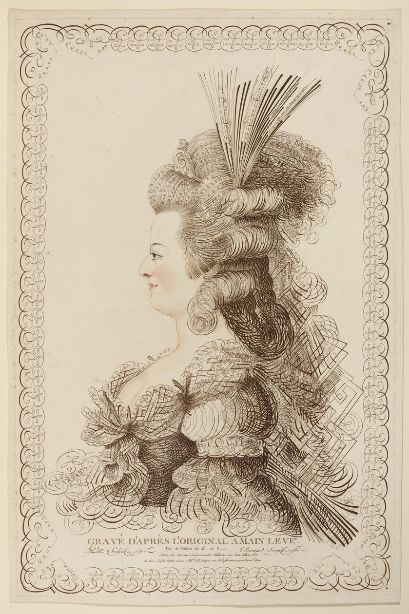 Kalligrafinen muotokuva Marie Antoinettesta, 1787 (etsaus ja kaiverrus) tekijältä Jacques Louis Petit