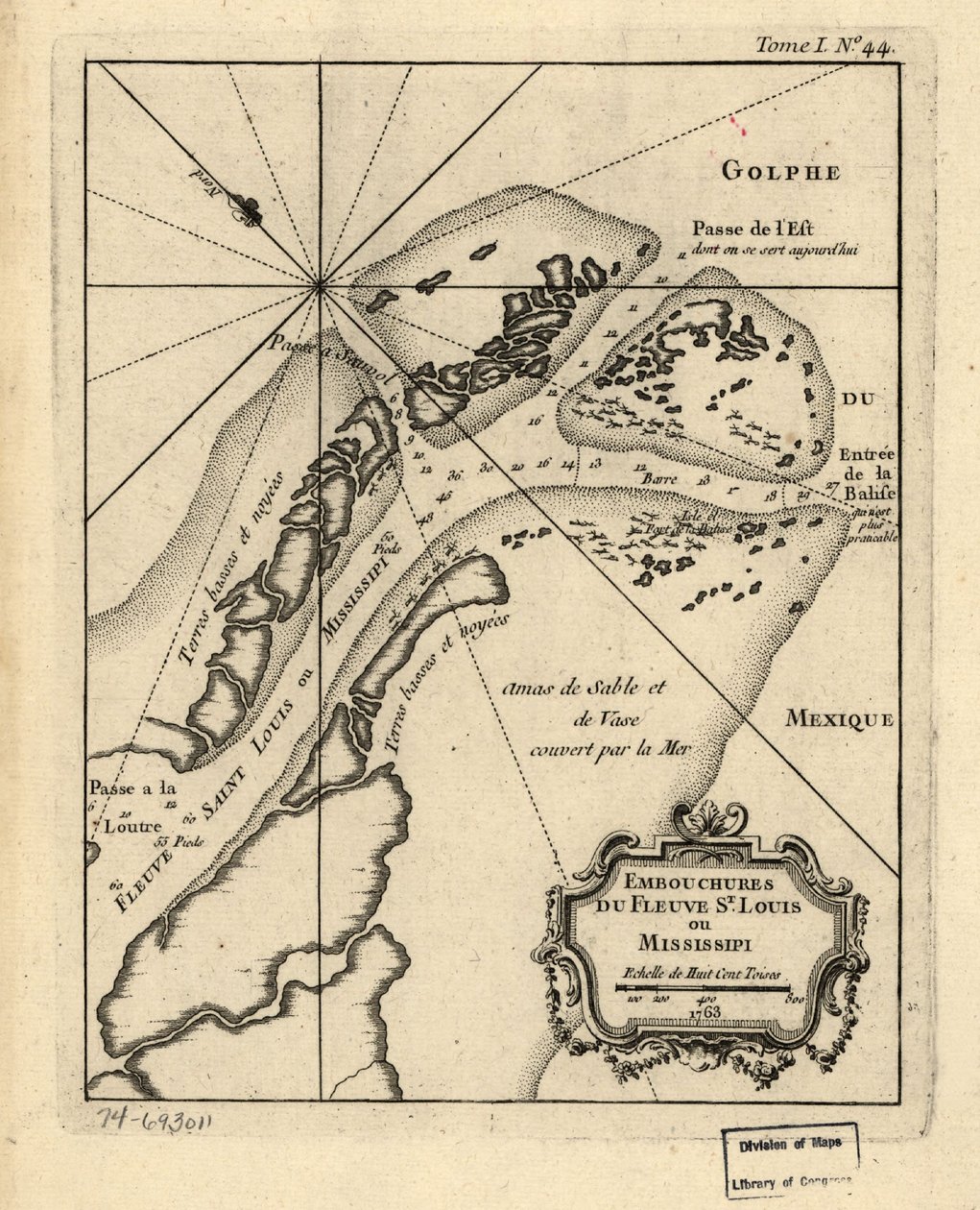 St. Louis- tai Mississippi-joen suu. 1763. LOC 74693011 tekijältä Jacques Nicolas Bellin