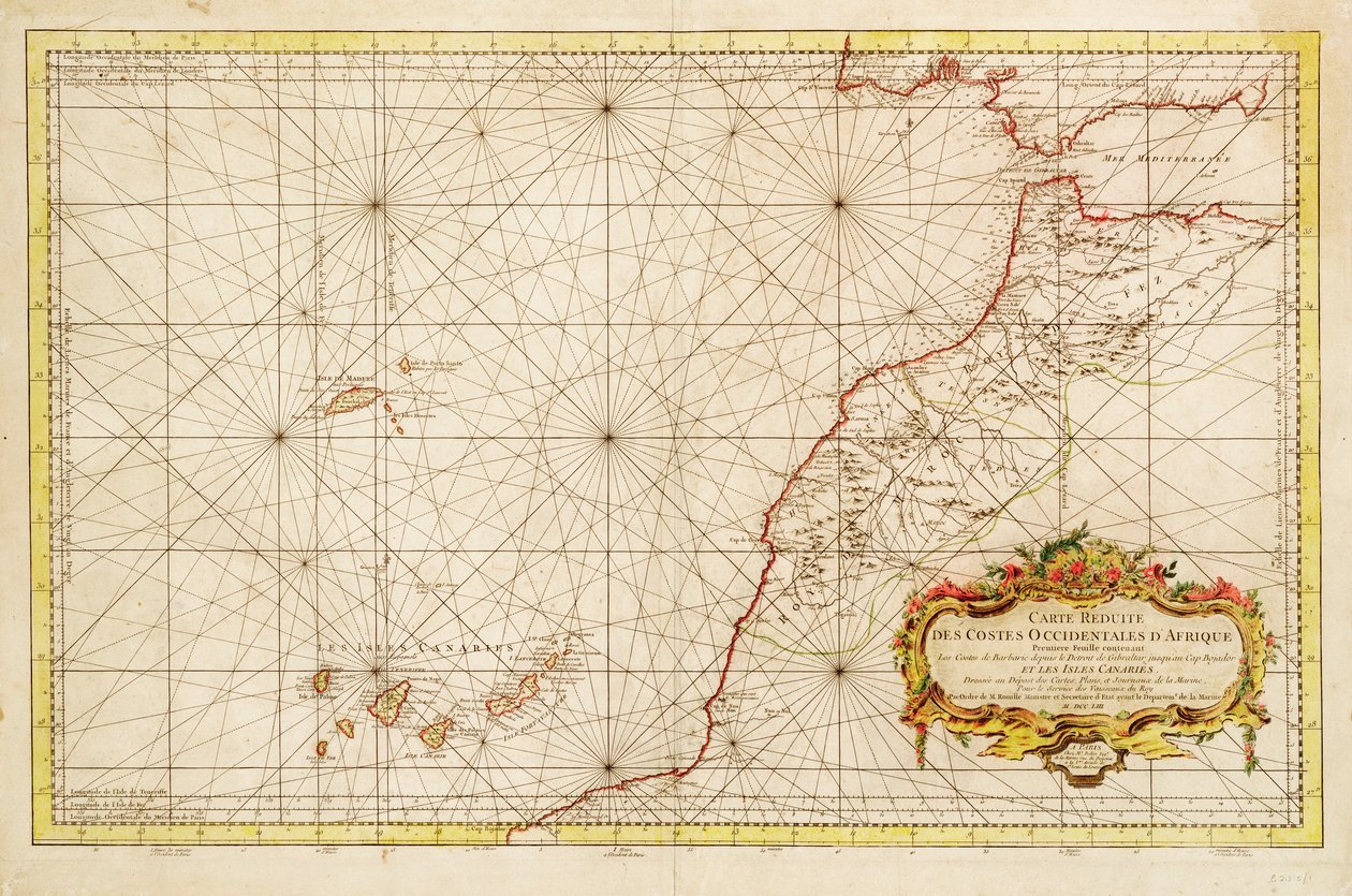 Kartta Afrikan luoteisrannikosta Gibraltarinsalmen ja Kanariansaarten välillä tekijältä Jacques Nicolas Bellin
