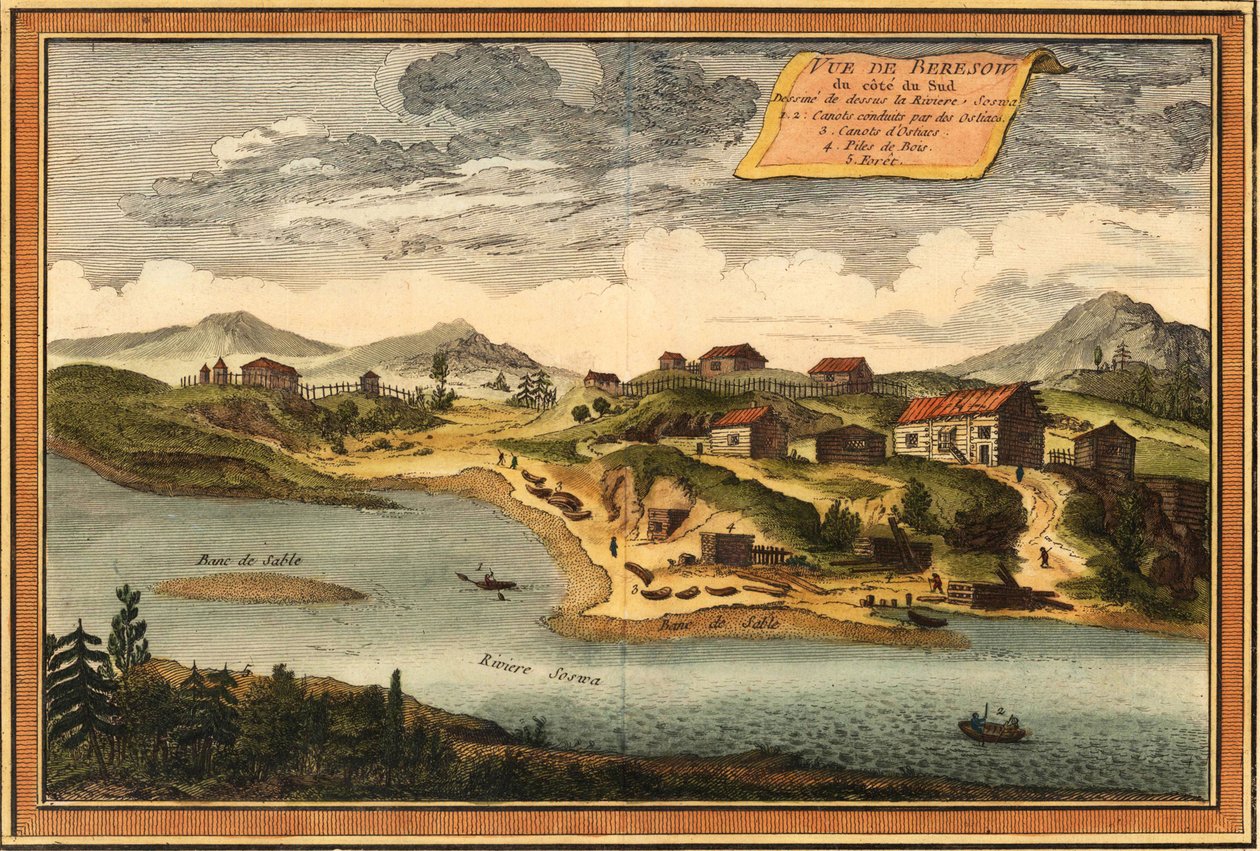 Näkymä Beryozovoon Sosvajoelta, 1760 tekijältä Jacques Nicolas Bellin