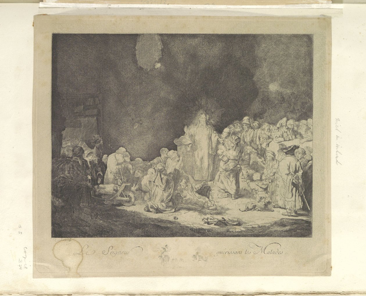 Predikende Christus (De Honderdguldenprent) Herra parantaa sairaita (otsikko esineessä) Kokoelma kahdeksankymmentäviisi alkuperäistä vedosta (sarjan nimi) tekijältä Jacques Philippe Le Bas
