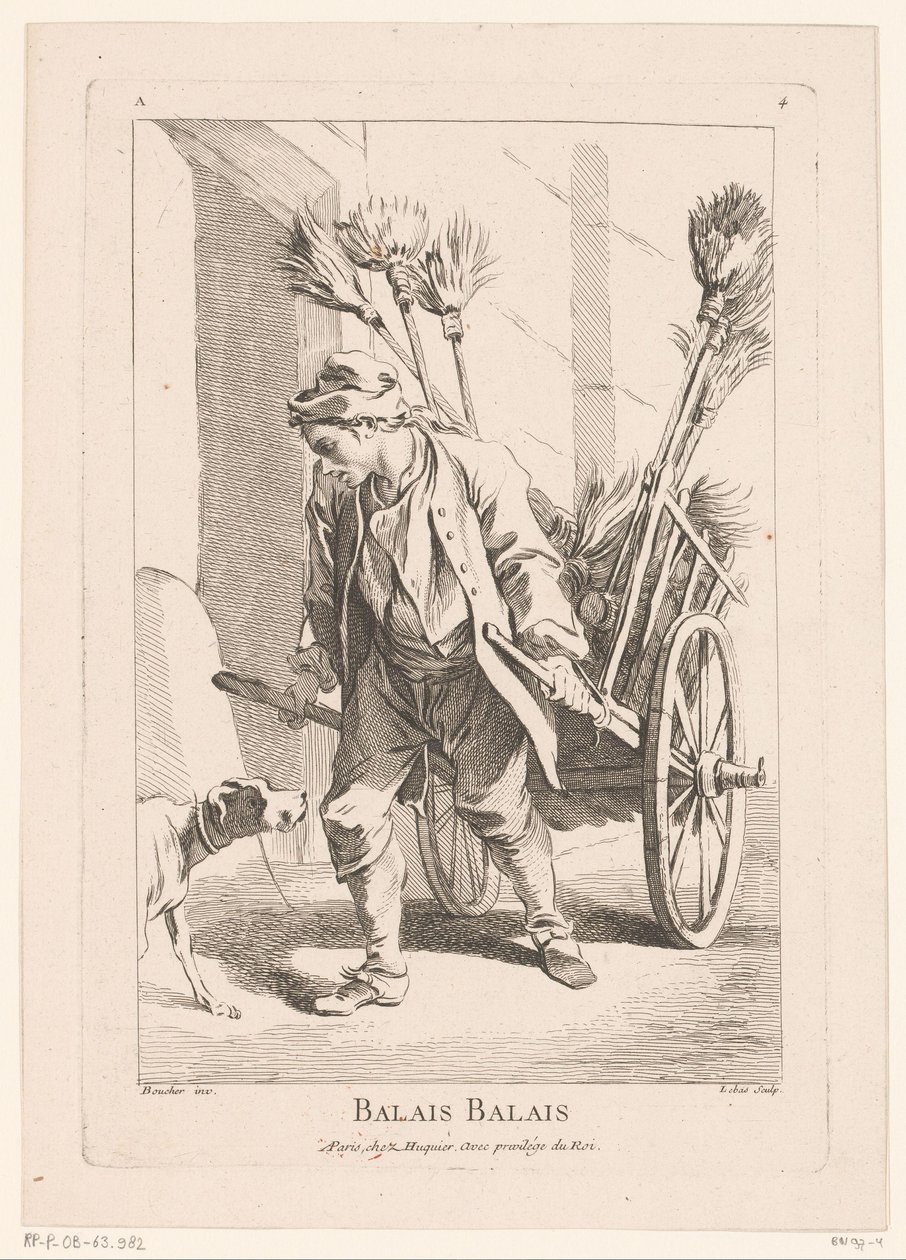 Katukauppias luudoineen Balais Balais (otsikko esineessä) Cris de Paris (sarjan nimi) Street Vendors of Paris (sarjan nimi) tekijältä Jacques Philippe Le Bas