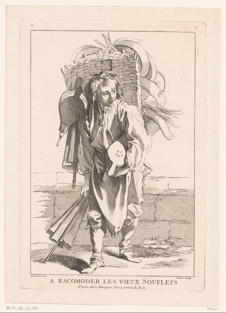 Palkeiden myyjä A Racomoder les vieux Souflets (otsikko esineessä) Cris de Paris (sarjan nimi) Street Vendors of Paris (sarjan nimi) tekijältä Jacques Philippe Le Bas