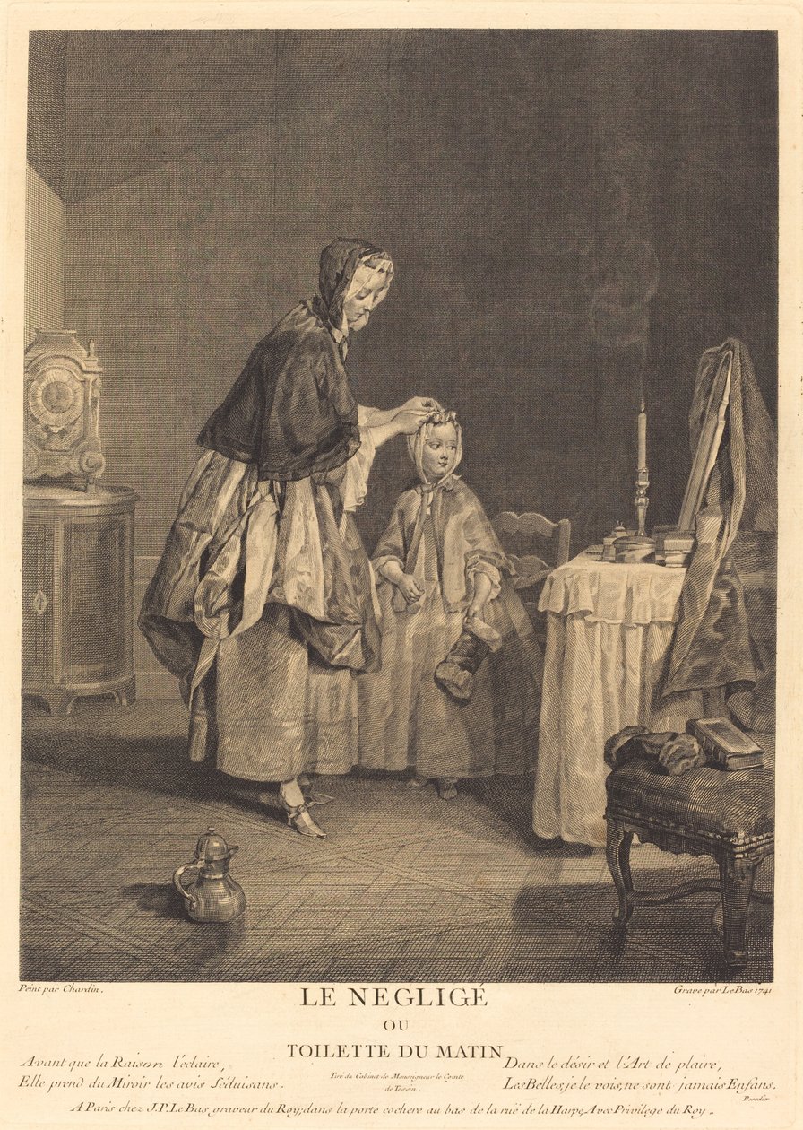 Laiminlyönti tai aamukäymälä tekijältä Jacques Philippe Le Bas after Jean Siméon Chardin