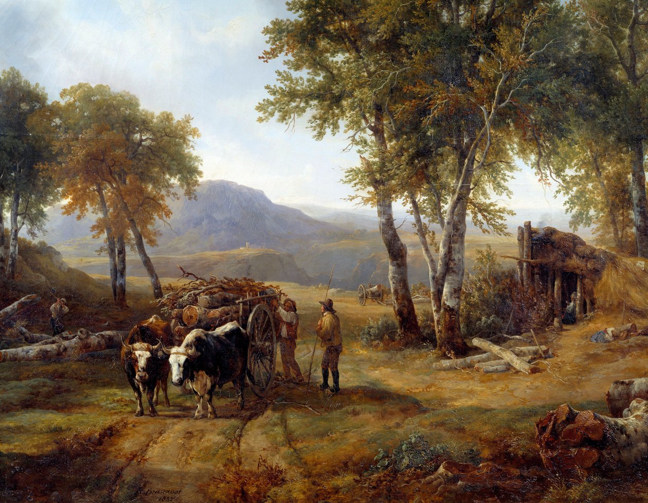 Puunhakkurit yksityiskohtametsässä. Raymond Brascassatin (1804-1867) maalaus 1832 Nantes, Musee des Beaux Arts tekijältä Jacques Raymond Brascassat
