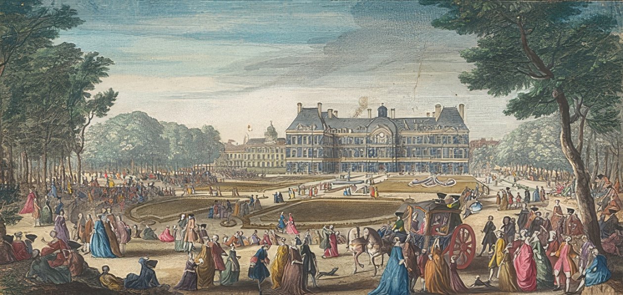 Palais du Luxembourg Pariisissa puutarhasta katsottuna. 1729 tekijältä Jacques Rigaud