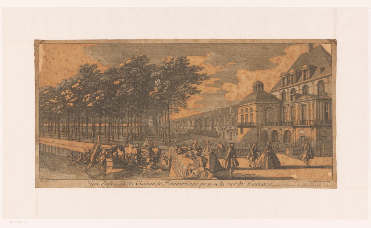 Gezicht op een laan bij de Cour de la Fontaine van kasteel Fontainebleau Näkymä Château Fontainebleaun siivestä Cour des Fontaines -kadulta (otsikko esineessä) tekijältä Jacques Rigaud
