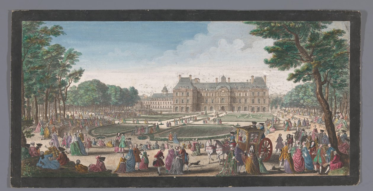 Näkymä Palais du Luxembourgiin Pariisissa nähtynä puutarhasta Les promenades du Luxembourg (otsikko esineessä) tekijältä Jacques Rigaud