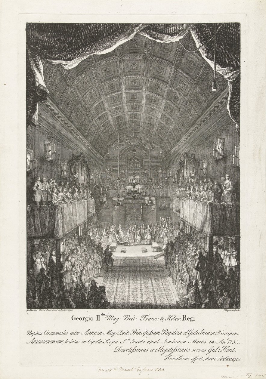 Huwelijk van Willem IV tapasi prinssit Annan, 1734 George II Mag: Brit: Franc: & Hiber. Kuninkaan hääseremonia Annen (...) ja Williamin (...) välillä Tiistai 14.: Ano: 1733 (...) (otsikko esineessä) tekijältä Jacques Rigaud