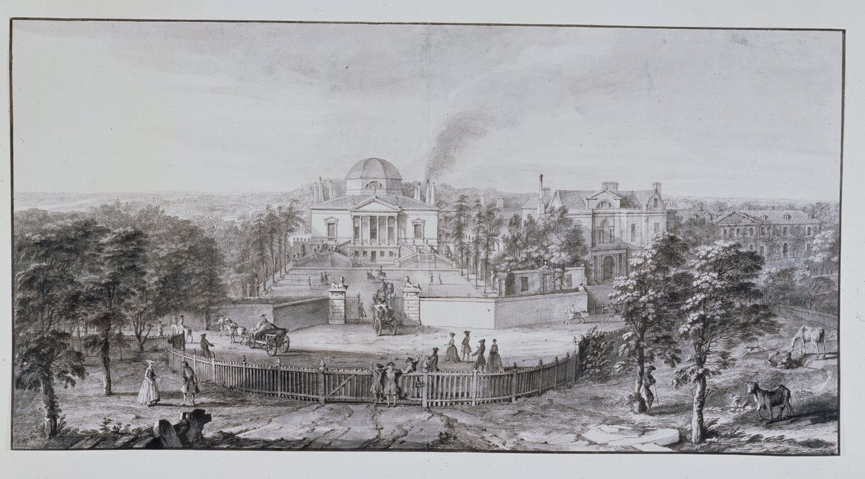 Lord Burlingtonin Chiswick Villa, kaakosta (kynä ja muste pesulla paperille) tekijältä Jacques Rigaud