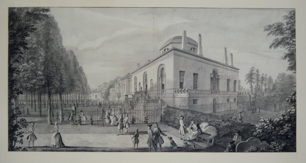 Lord Burlingtonin uuspalladiaaninen huvila Chiswickissä ja Jacobean House (kynä ja muste pesulla paperille) tekijältä Jacques Rigaud