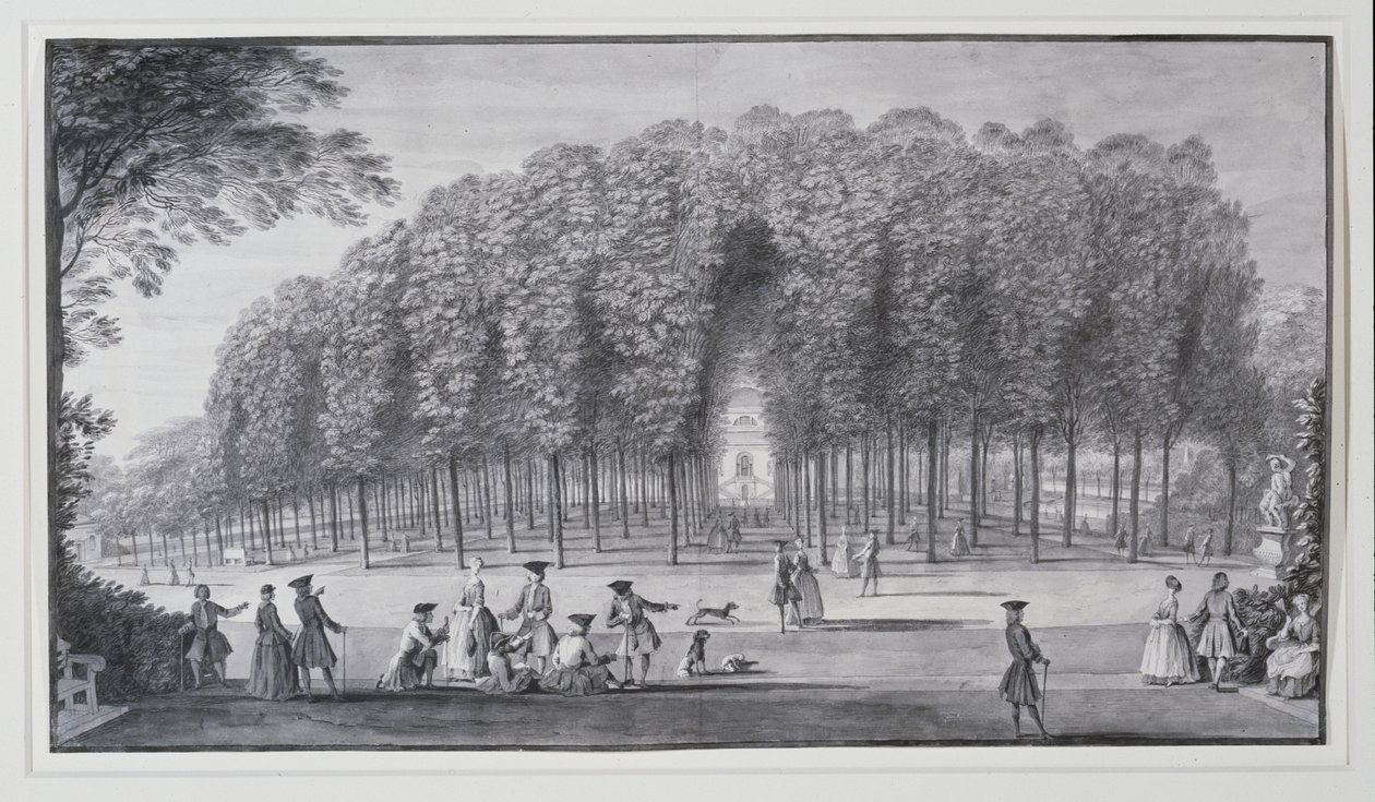 "The Poplar Grove, Lord Burlingtonin Chiswick Villa" (kynä ja muste vesivärillä paperille) tekijältä Jacques Rigaud