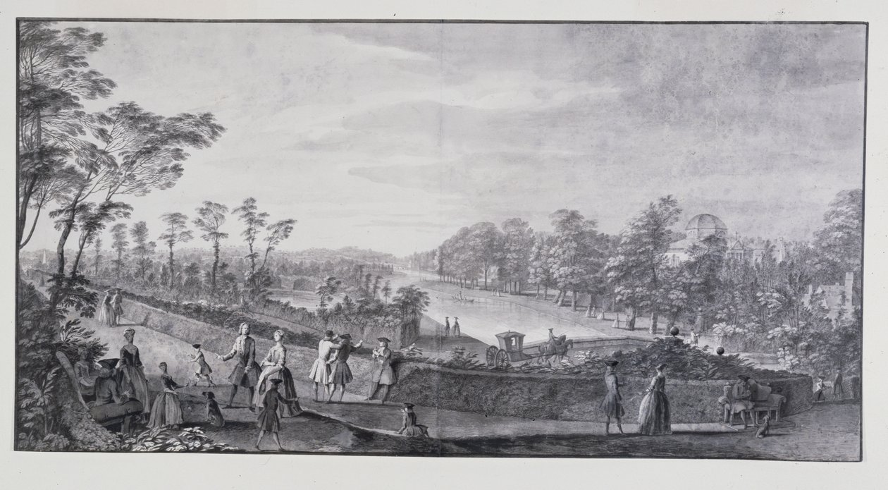 Keinotekoinen joki, Lord Burlingtonin Chiswick Villa (kynä ja muste pesulla paperille) tekijältä Jacques Rigaud