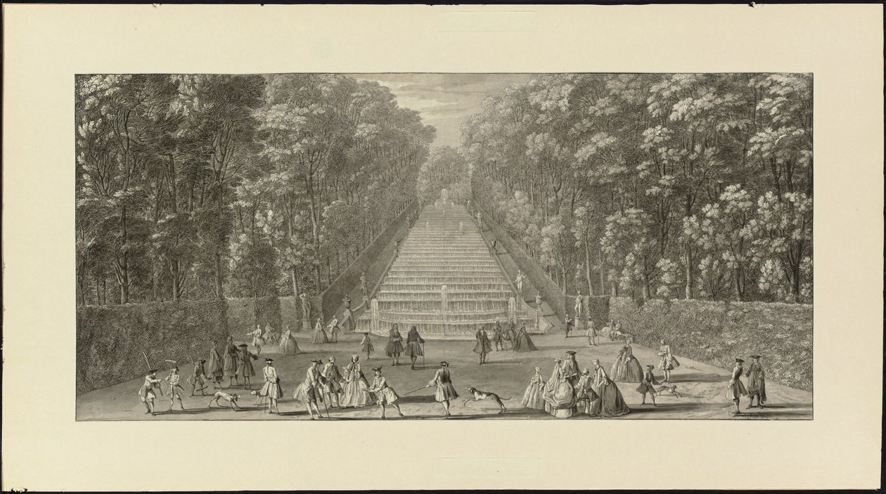 Vue de la Grande Cascade dans les jardins de Marly (musta liitu, tussi ja musta muste, harmaa pesu) tekijältä Jacques Rigaud