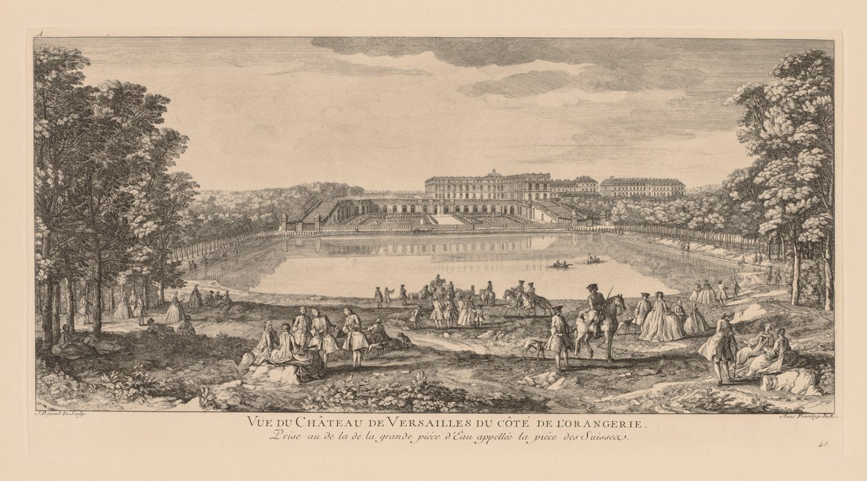 Näkymä Versaillesin palatsille Orangerien puolelta, Sveitsin lammen takaa. tekijältä Jacques Rigaud