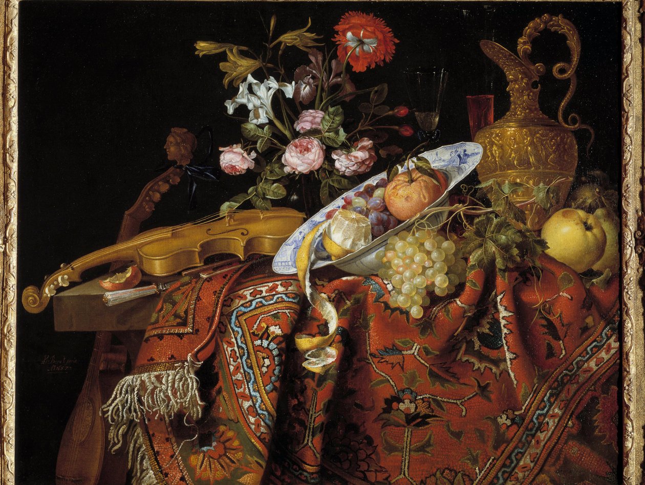 Asetelma viululla ja akvamariinilla Jacques Samuel Bernardin (1615-1687) maalaus tekijältä Jacques Samuel Bernard