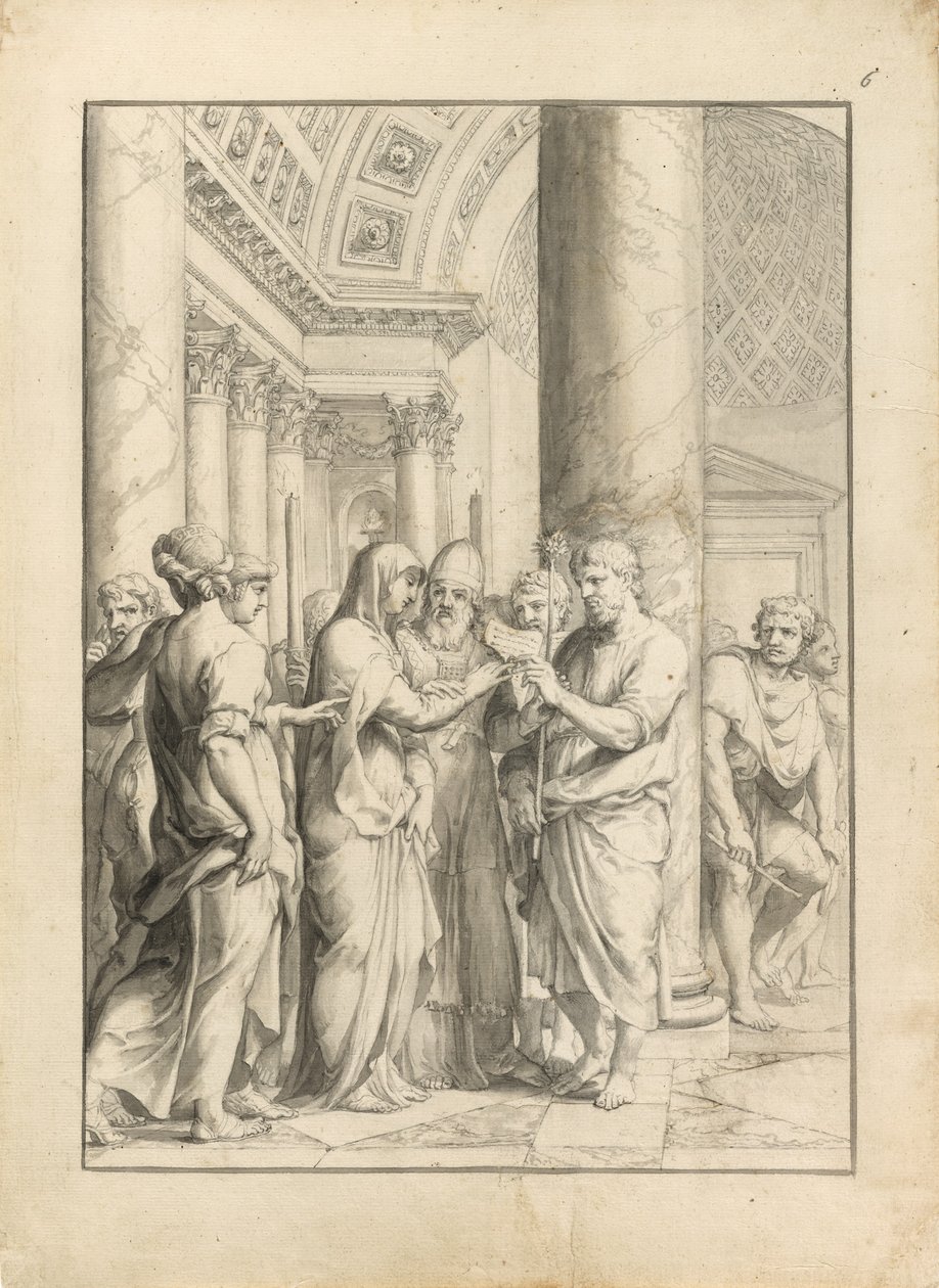 Marriage of the Virgin, n. 1640 (kynä ja musta muste, siveltimellä ja harmaalla ja vaaleanruskealla pesulla ja grafiitilla, palasilla kermanvärisellä paperilla) tekijältä Jacques Stella