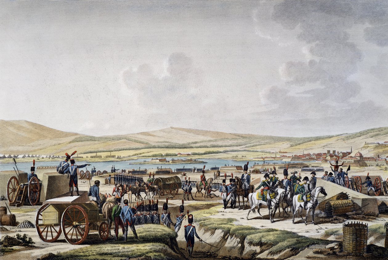 Napoleon vierailee piiritystöissä Danzigissa marsalkka Lefebvren johdolla (9. toukokuuta 1807), kaiverrus Francois Jacques Dequevauviller (1783-1848), piirustus Jacques Francois Joseph Swebach-Desfontaines (1769-1823) tekijältä Jacques Swebach Desfontaines