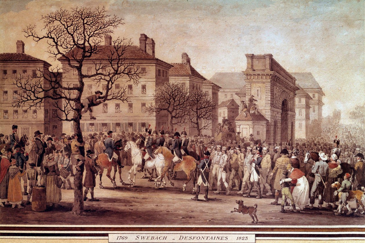 Ranskan kampanja vuonna 1814: "" Entrée Pariisissa liittoutuneiden armeijoiden (mukaan lukien Venäjä ja Preussi) vangeista Marechal Monceyn komentaman kansalliskaartin saattajana 9.3.1814"" Litografia Jacques Swebach-Desfontaines (1769- 1823) tekijältä Jacques Swebach Desfontaines