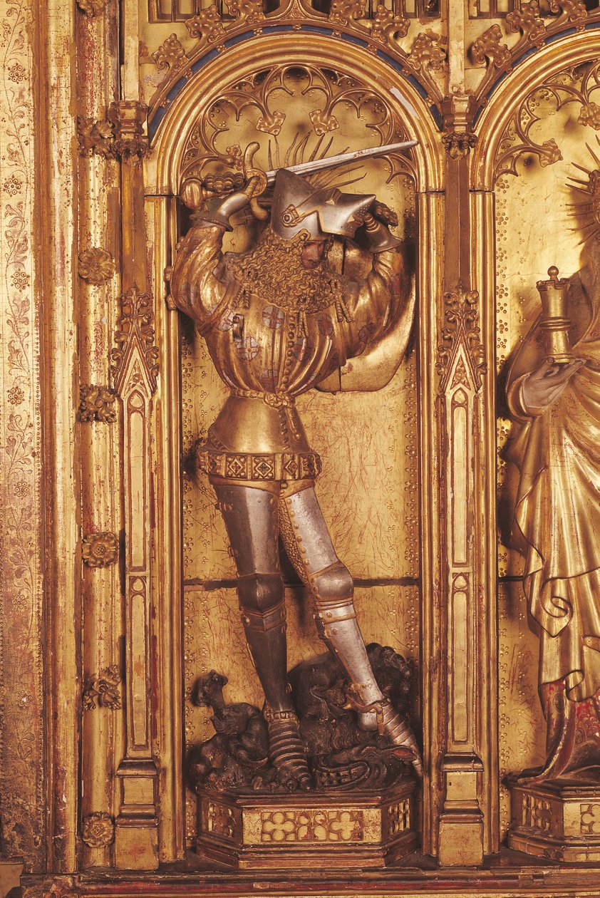 Ristiinnaulitsemisen alttaritaulu, yksityiskohta St. Georgesta vasemmasta paneelista, Chartreuse de Champmolin kirkosta, n. 1391 (kullattu puu) tekijältä Jacques de Baerze or Baers